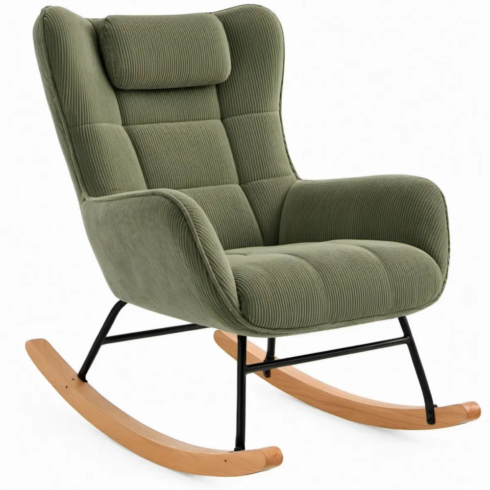 Olijfgroene geribde schommelstoel met hoge rugleuning, beukenhout en staal, 100 x 68 x 102 cm