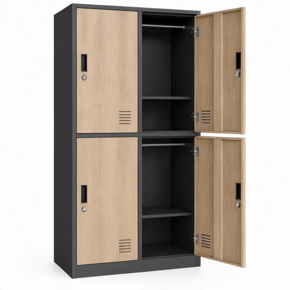 Opbergkast met 4 deuren, 80 x 45 x 180 cm, zwart en naturel eiken