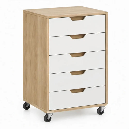 Mobiele ladekast met 5 laden en wielen, 60 x 45 x 85 cm, Wit/Eikenkleurig