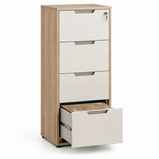 Afsluitbare archiefkast met 4 laden en dossierlade, 46 x 62 x 132 cm, wit en eikenkleur
