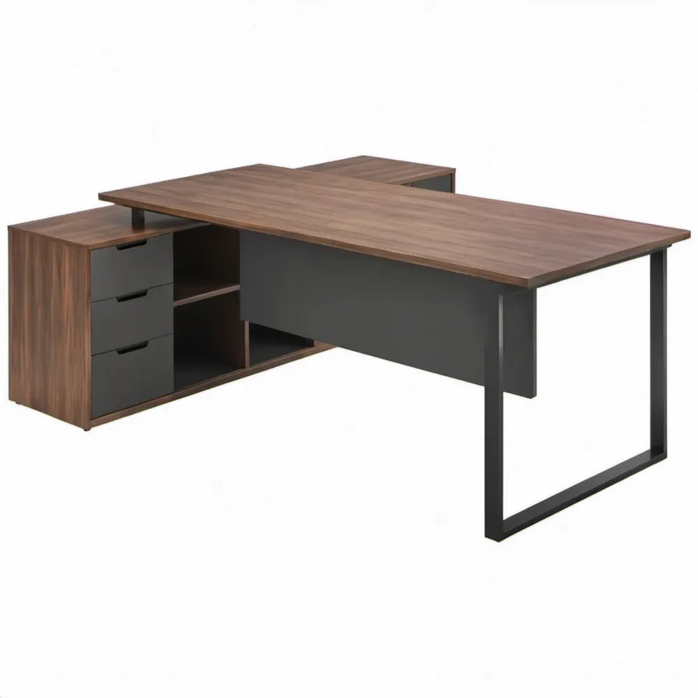 L-vormig hoekbureau met 3 laden en open vakken 180 x 160 x 75 cm Walnootbruin/Antraciet/Zwart