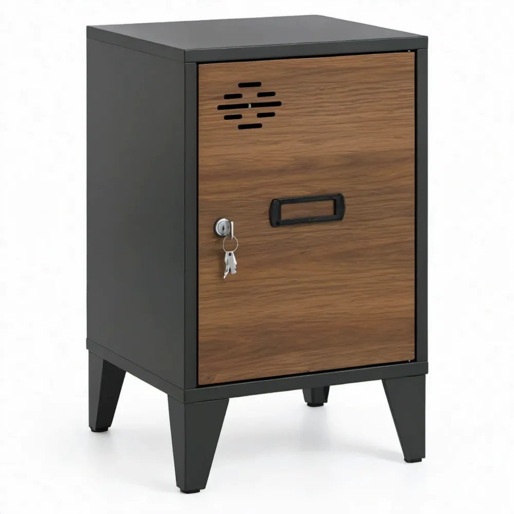 Afsluitbare stalen opbergkast met MDF-deur 40 x 35 x 70 cm Zwart/Bruin