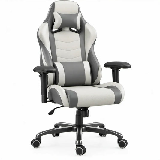 Ergonomische gamestoel van grijs-wit PU-kunstleer met hoge rugleuning, 66 x 66 x 118-128 cm