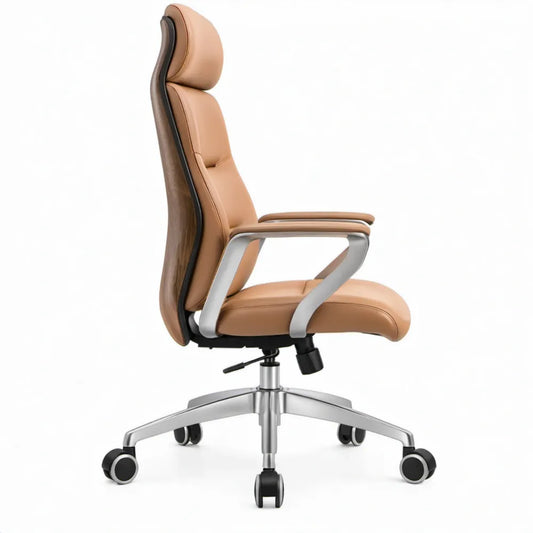 Ergonomische bureaustoel met hoge rugleuning en hoofdsteun, cognackleurig PU-kunstleer, 66 x 68 x 118-128 cm