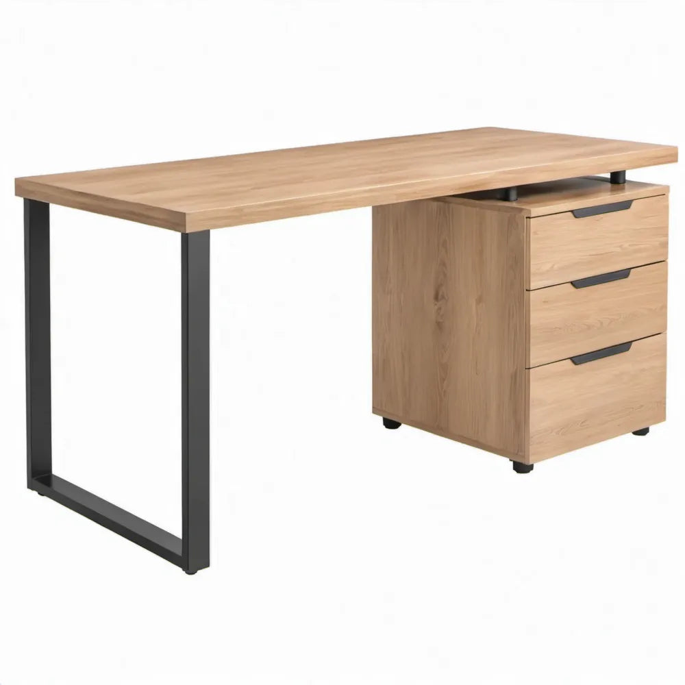 Bureau met 3 lades, 140 x 60 x 75 cm, naturel eikenfineer en zwart staal
