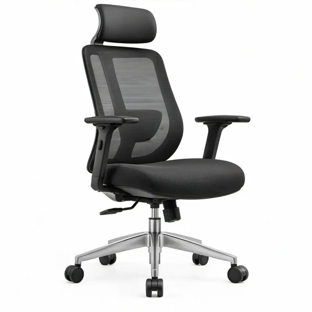 Ergonomische bureaustoel zwart/zilver met hoofdsteun, lendensteun en verstelbare armleuningen, 65 x 65 x 116-126 cm