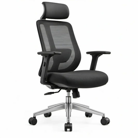 Ergonomische bureaustoel zwart/zilver met hoofdsteun, lendensteun en verstelbare armleuningen, 65 x 65 x 116-126 cm