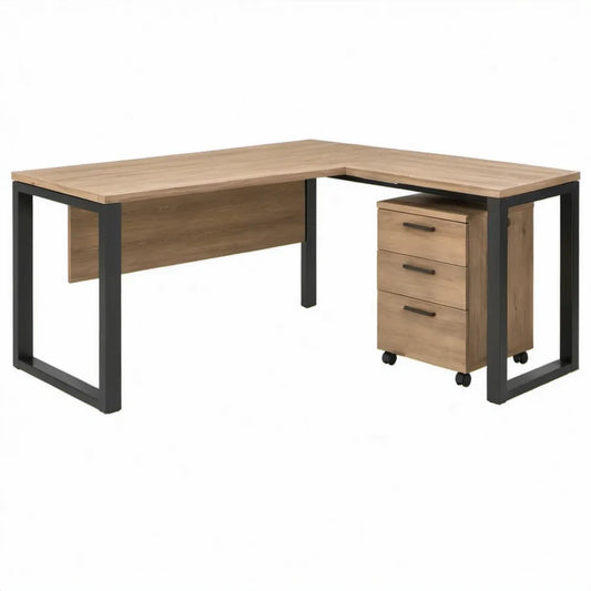 L-vormig hoekbureau met 3 laden en verrijdbaar ladeblok, 160 x 120 x 75 cm, eikenkleurig/zwart