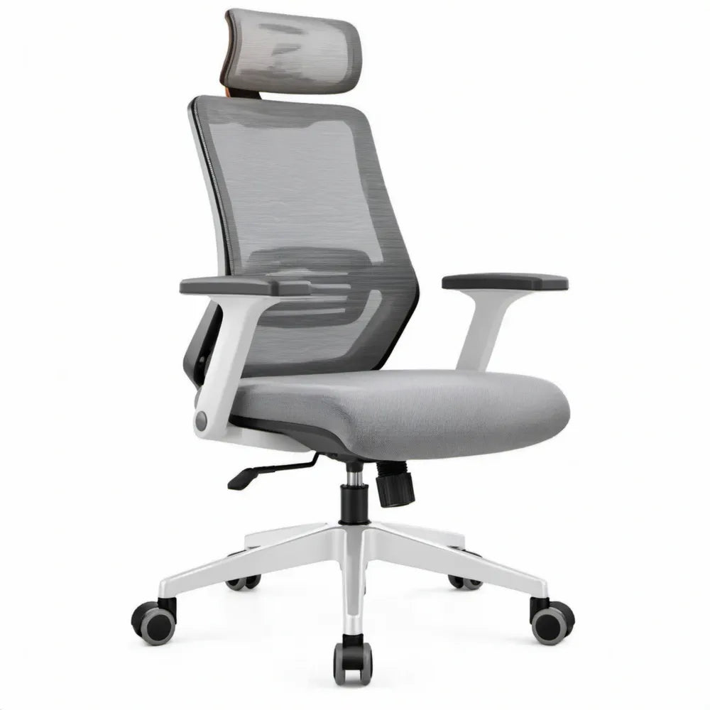 Ergonomische draaibare stoel met hoofdsteun, grijs/wit/zwart, 66 x 66 x 118-128 cm