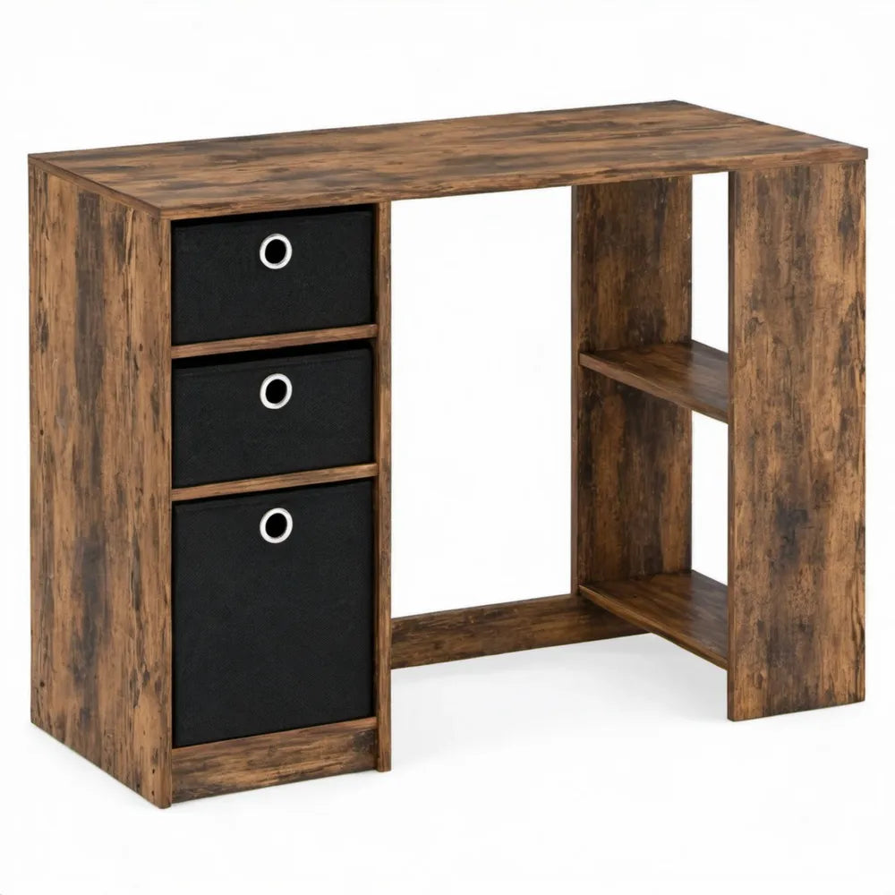 Bureau met 3 textielladen en 2 open planken, bruin/zwart, 100 x 50 x 75 cm