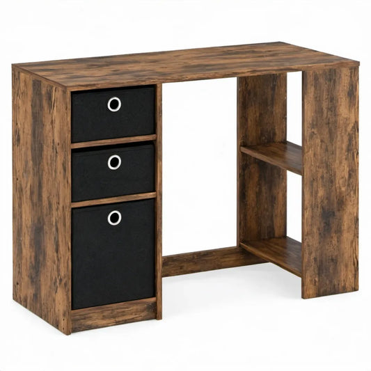Bureau met 3 textielladen en 2 open planken, bruin/zwart, 100 x 50 x 75 cm