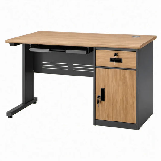 Bureau met afsluitbare lade, opbergvak en toetsenbordblad - 120 x 60 x 75 cm - Eikenkleurig/Zwart