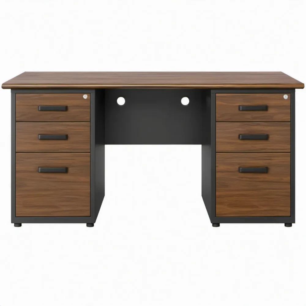 Bureau met 6 laden, 160 x 70 x 75 cm, walnootbruin en zwart