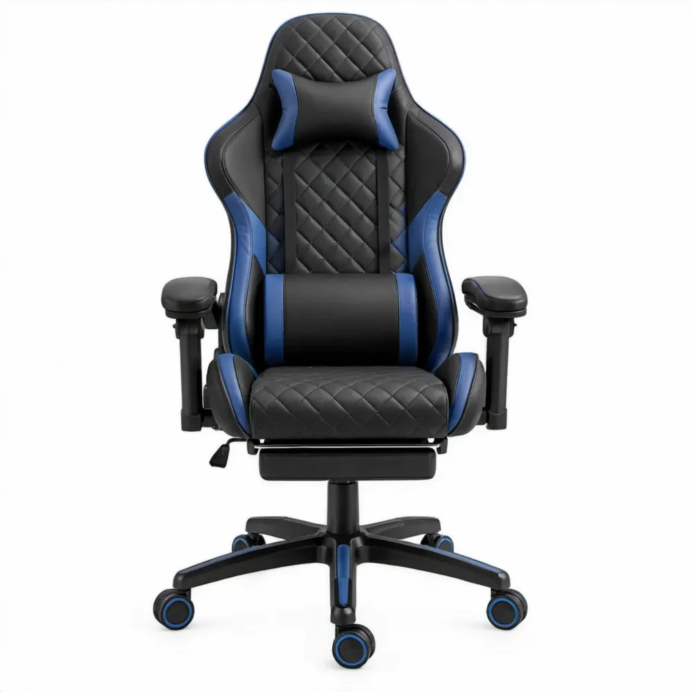 Gamingstoel met verstelbare rugleuning, voetsteun en kussens, zwart/blauw, 68 x 68 x 125-135 cm