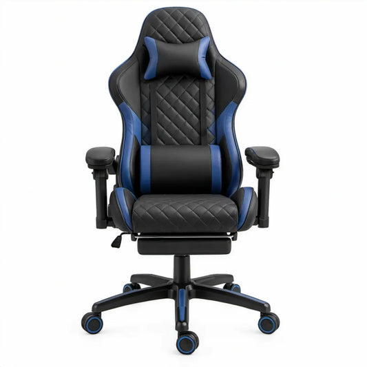 Gamingstoel met verstelbare rugleuning, voetsteun en kussens, zwart/blauw, 68 x 68 x 125-135 cm